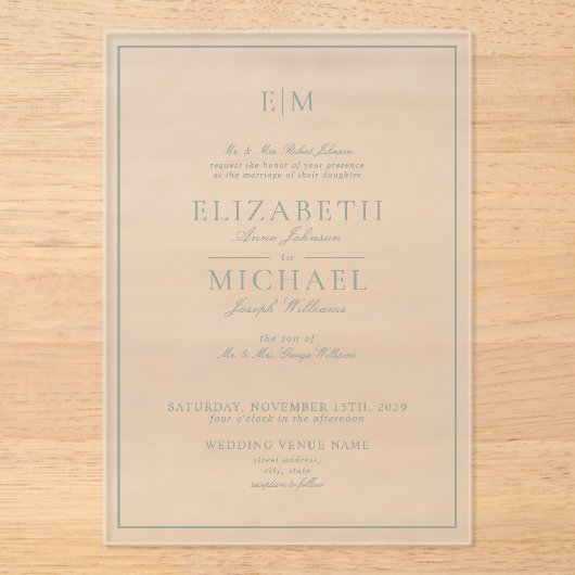 Invitations En Acrylique Élégant Sage Green Classic Script Monogramme Maria (Recto)