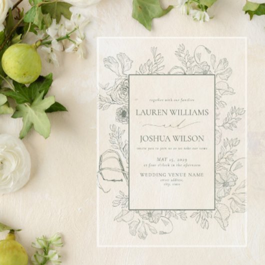 Invitations En Acrylique Élégant Sage Green Floral Line Mariage