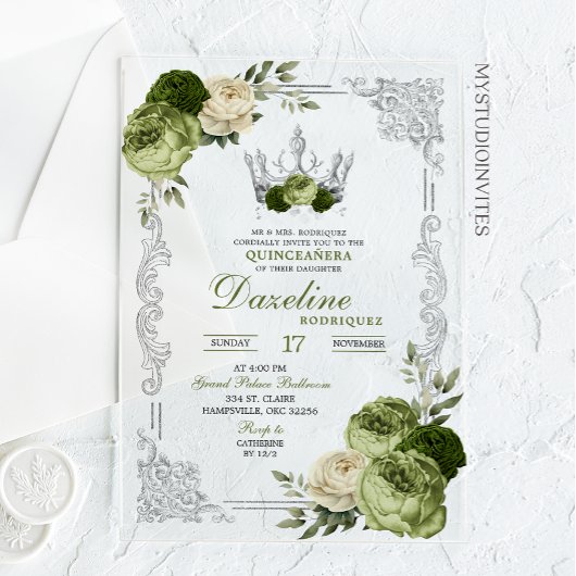 Invitations En Acrylique Elegant Sage Green Ivory Crown Quinceanera
