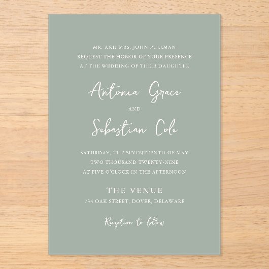 Invitations En Acrylique Élégant Sage Green Mariage moderne (Recto)