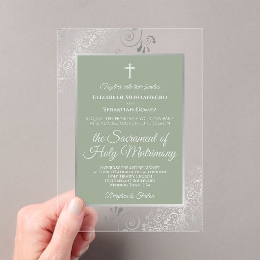 Invitations En Acrylique Elegant Sage Green Ornate Silver Catholic Wedding (In situ (ordinateur de poche))