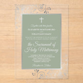Invitations En Acrylique Elegant Sage Green Ornate Silver Catholic Wedding (Recto)