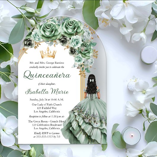 Invitations En Acrylique Elégant Sage Green Rose Floral Quinceañera Party
