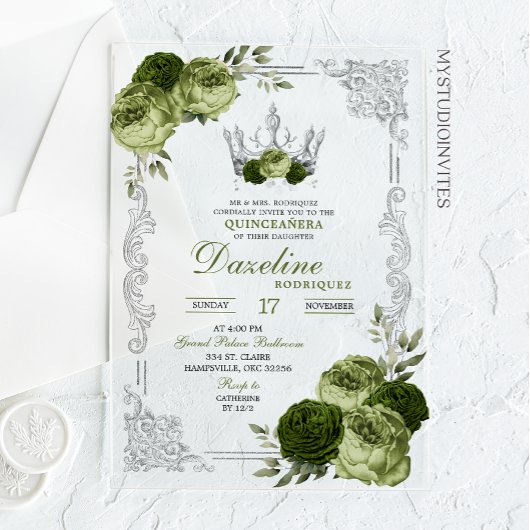 Invitations En Acrylique Elegant Sage Green Silver Crown Quinceanera