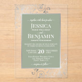 Invitations En Acrylique Elegant Sage Green & Silver Stylish Text Wedding (Recto)