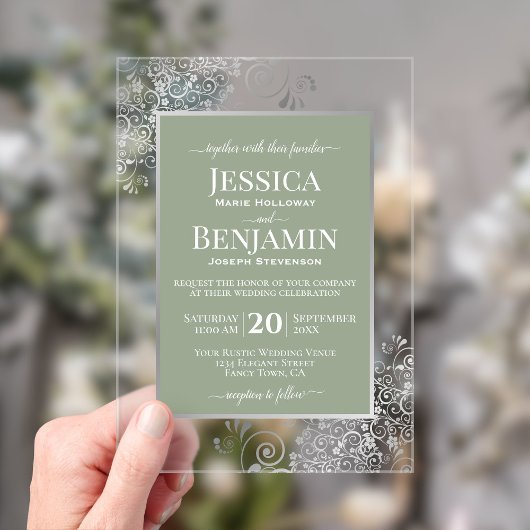 Invitations En Acrylique Elegant Sage Green & Silver Stylish Text Wedding