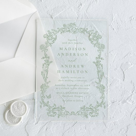 Invitations En Acrylique Elegant Sage Green Victorian Floral Frame Wedding