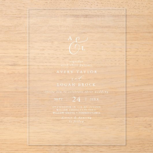 Invitations En Acrylique Élégant Script Boho Blanc Monogramme Mariage moder (Recto)