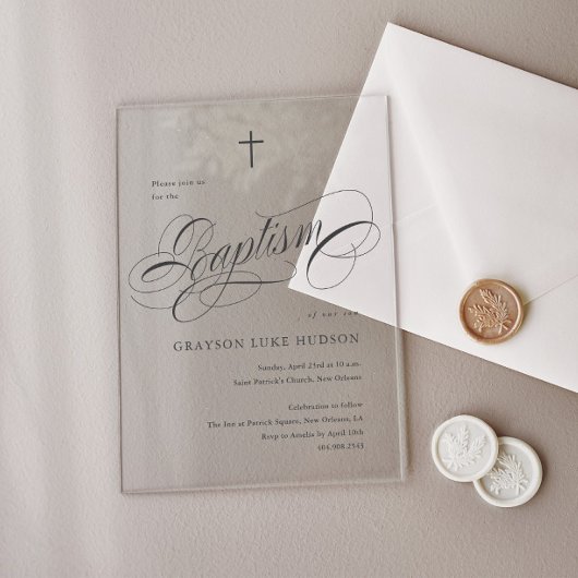 Invitations En Acrylique Élégant Script Calligraphie Baptême neutre