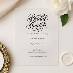 Invitations En Acrylique Élégant script de Fête des mariées noir et blanc