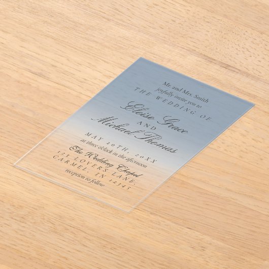 Invitations En Acrylique Élégant Script Dusty Blue Gradient Mariage (Poser)