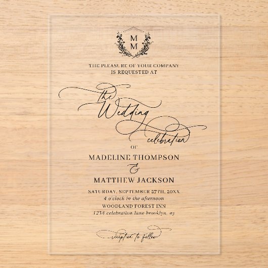 Invitations En Acrylique Élégant Script Floral Crest Monogram Mariage (Recto)