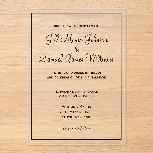 Invitations En Acrylique Élégant script moderne (Recto)