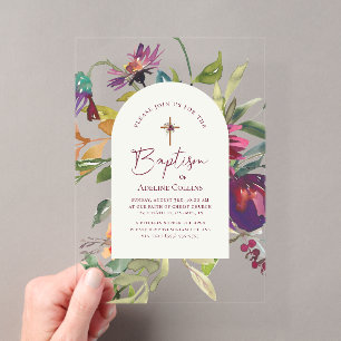 Invitations En Acrylique Élégant Script Moderne Baptême Floral Bourgogne