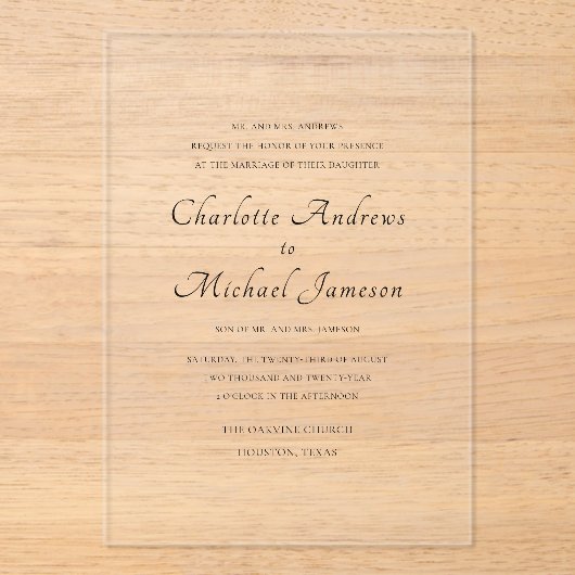 Invitations En Acrylique Élégant Script Moderne Classique Mariage (Recto)