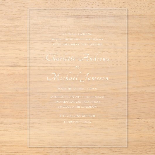 Invitations En Acrylique Élégant Script Moderne Classique Mariage (Recto)