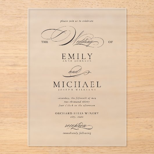 Invitations En Acrylique Élégant script moderne Mariage classique (Recto)