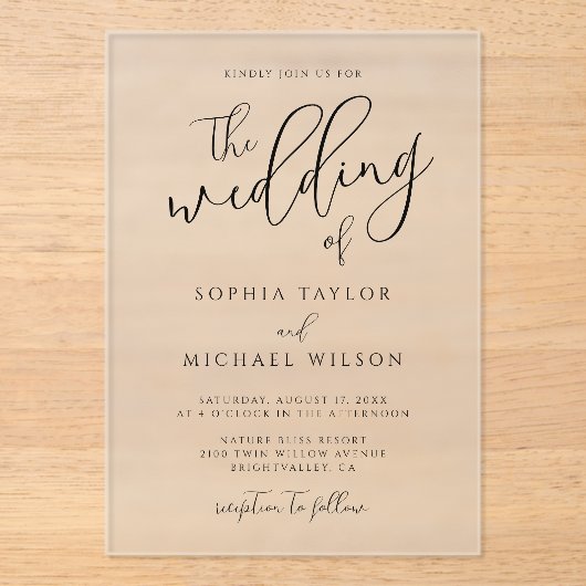 Invitations En Acrylique Élégant Script Moderne Mariage noir et blanc (Recto)