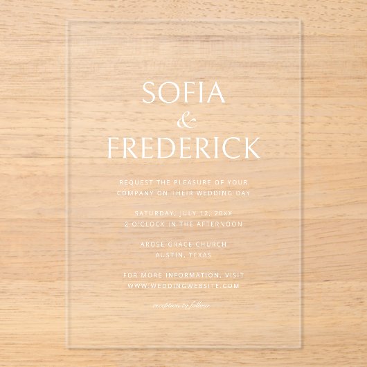 Invitations En Acrylique Élégant Script moderne transparent blanc (Recto)