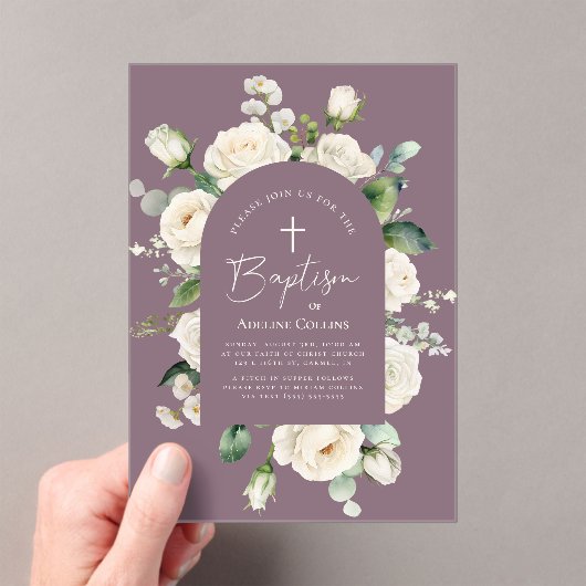 Invitations En Acrylique Élégant Script moderne Vieux Lavande Baptême (In situ (ordinateur de poche))