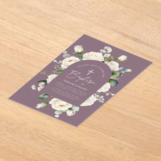 Invitations En Acrylique Élégant Script moderne Vieux Lavande Baptême (Poser)