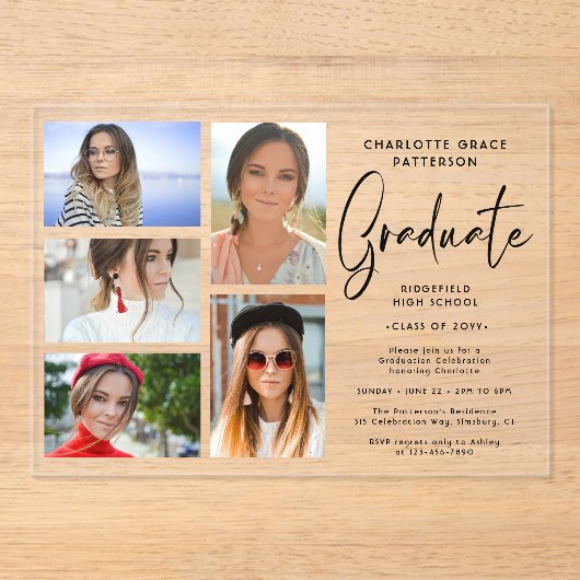 Invitations En Acrylique Élégant Script Multi Photo Graduation Party (Recto)
