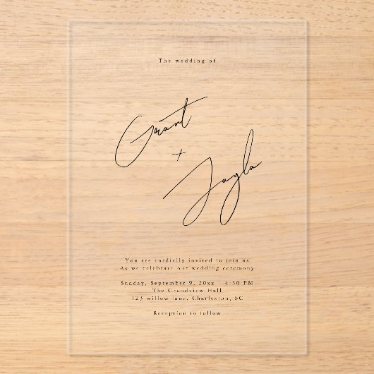Invitations En Acrylique Elégant Script Names Mariage moderne Noir clair (Recto)