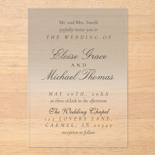 Invitations En Acrylique Élégant Script Neutre Tan Mariage dégradé (Recto)