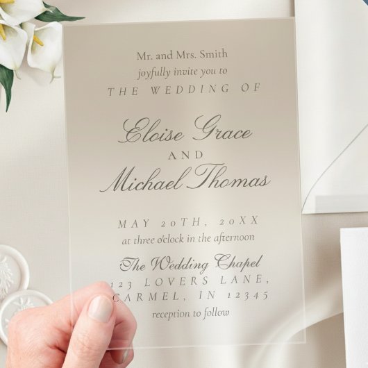 Invitations En Acrylique Élégant Script Neutre Tan Mariage dégradé