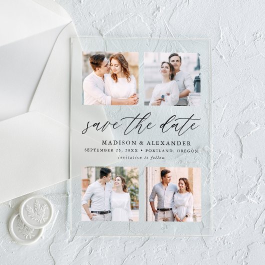 Invitations En Acrylique Élégant script noir 4 photo mariage Enregistrer la