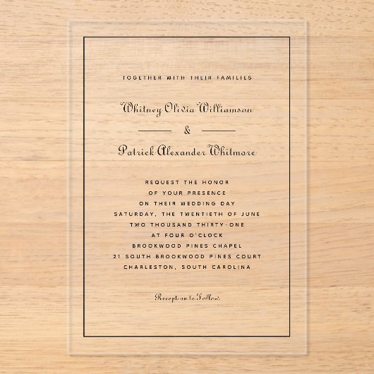 Invitations En Acrylique Élégant Script noir blanc Formal Mariage classique (Recto)
