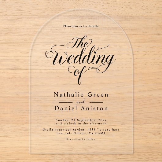 Invitations En Acrylique Élégant script noir et blanc Mariage simple (Recto)