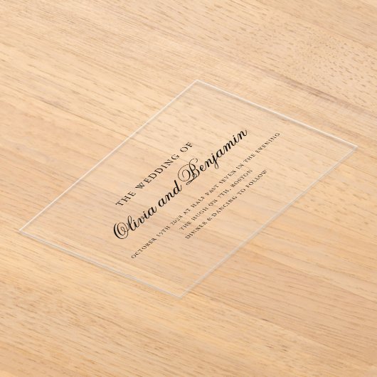 Invitations En Acrylique Élégant script noir minimal Mariage formel (Poser)