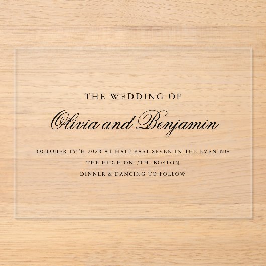 Invitations En Acrylique Élégant script noir minimal Mariage formel (Recto)