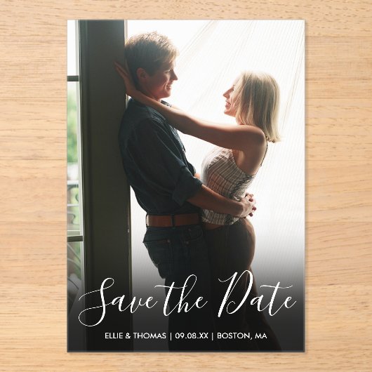 Invitations En Acrylique Élégant Script Photo Wedding Enregistrer La Date (Recto)