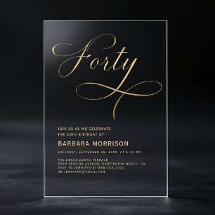 Invitations En Acrylique Élégant Script Quarante Noir Or 40e Anniversaire