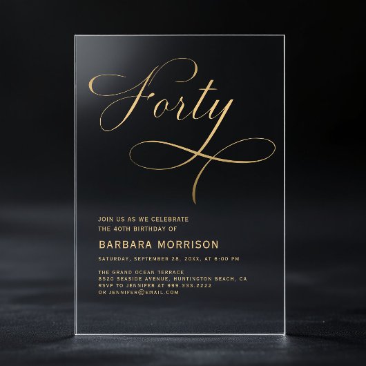 Invitations En Acrylique Élégant Script Quarante Noir Or 40e Anniversaire