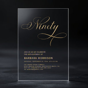 Invitations En Acrylique Élégant Script Quatre-Vingt-Dix Noir Or 90e Annive