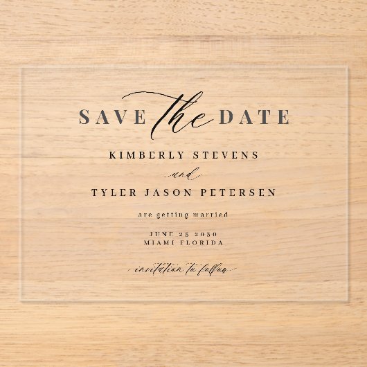 Invitations En Acrylique Élégant script simple mariage moderne enregistrer  (Recto)