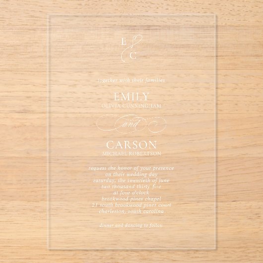 Invitations En Acrylique Élégant Script Simple Monogramme Mariage moderne (Recto)