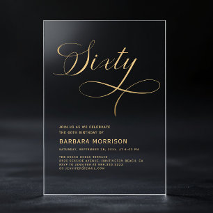 Invitations En Acrylique Élégant Script Soixante Noir Or 60e Anniversaire