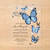 Invitations En Acrylique Élégant Silver Light Baby Blue Butterfly Mariage (Recto)