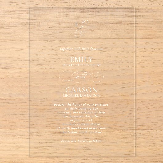 Invitations En Acrylique Élégant Simple Monogramme Moderne Mariage Script (Recto)
