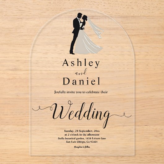 Invitations En Acrylique Élégant Simple Noir & Blanc Romantique Chic Mariag (Recto)