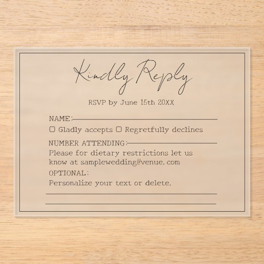 Invitations En Acrylique Élégant Simple Script Minimal Mariage Répondre Kin (Recto)