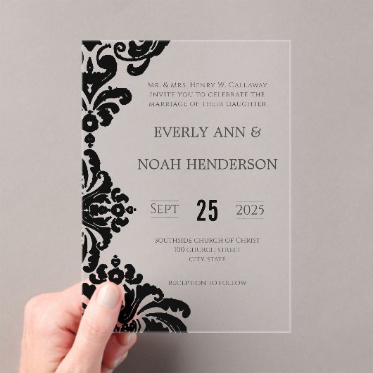 Invitations En Acrylique Elégant simple Victorian Black Mariage damassé (In situ (ordinateur de poche))