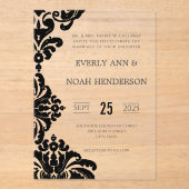 Invitations En Acrylique Elégant simple Victorian Black Mariage damassé (Recto)