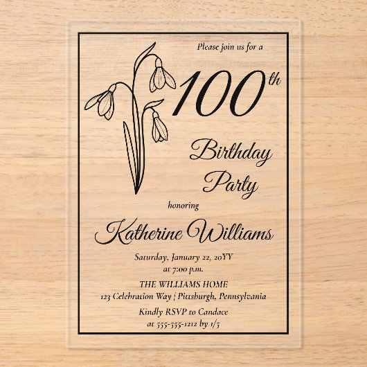 Invitations En Acrylique Elégant Snowdrops 100e fête d'anniversaire (Recto)