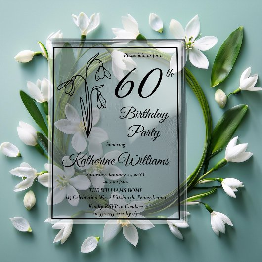 Invitations En Acrylique Elégant Snowdrops 60e anniversaire fête