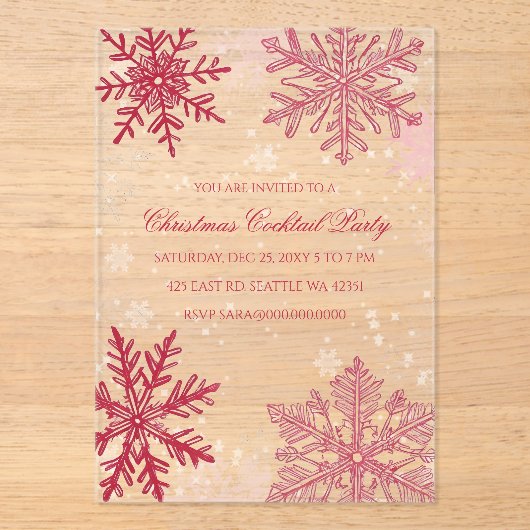 Invitations En Acrylique Élégant Snowflakes Rouge rose Cocktails de Noël (Recto)
